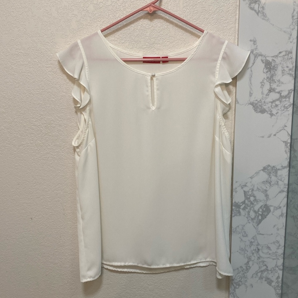 Elle XL Flutter sleeve shell with cute button detail at neck cream color